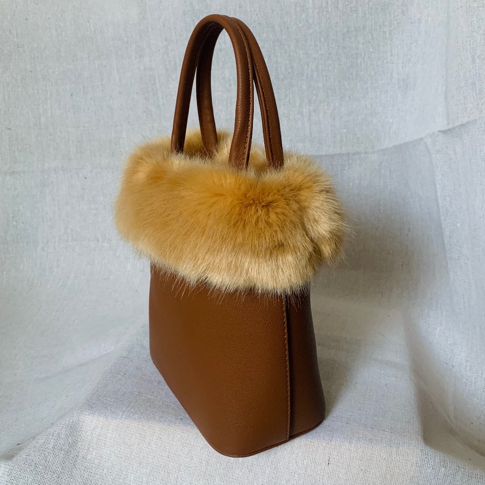 Vegan Leather/ Faux Fur Top Handle Handbag - Cognac Brown - Picture 6 of 6